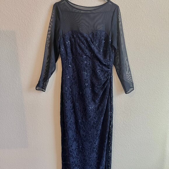 Lauren Ralph Lauren Evening Maxi Dress Women 12P Navy Lace Sequin Formal Luxury - Picture 1 of 8